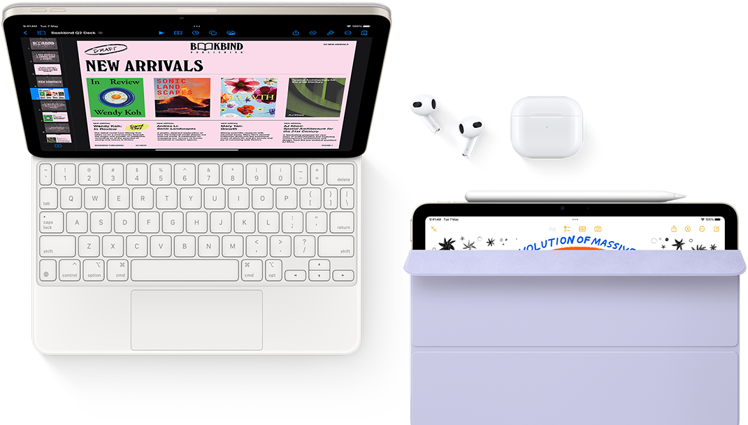 iPad Air attached to Magic Keyboard, with Airpods Pro, Apple Pencil Pro and Smart Folio accessories