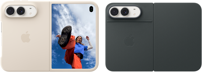 iPhone&nbsp;Duo, Star White colour in Sand Silicone Case, landscape orientation, fully opened horizontally, Dual Fusion cameras on the top left, case covers the back exterior and outer edge of the front display, right side features portrait of person on outer display. iPhone iPhone&nbsp;Duo, Star White colour in Navy Blue Folio, back exterior featuring the 48MP Dual Fusion rear cameras, two lenses