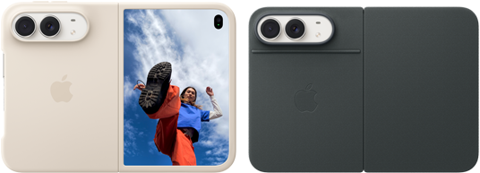iPhone&nbsp;Duo, Star White colour in Sand Silicone Case, landscape orientation, fully opened horizontally, Dual Fusion cameras on the top left, case covers the back exterior and outer edge of the front display, right side features portrait of person on outer display. iPhone iPhone&nbsp;Duo, Star White colour in Navy Blue Folio, back exterior featuring the 48MP Dual Fusion rear cameras, two lenses