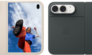 iPhone&nbsp;Duo, Star White colour in Sand Silicone Case, landscape orientation, fully opened horizontally, Dual Fusion cameras on the top left, case covers the back exterior and outer edge of the front display, right side features portrait of person on outer display. iPhone iPhone&nbsp;Duo, Star White colour in Navy Blue Folio, back exterior featuring the 48MP Dual Fusion rear cameras, two lenses