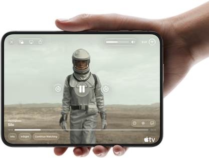 iPhone&nbsp;Duo, held with one hand, opened in horizontal orientation, fully unfolded, interior screen displays Apple&nbsp;TV show “Silo”