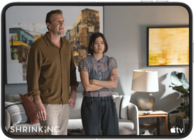 iPhone&nbsp;Duo, opened in horizontal position, Apple&nbsp;TV show “Shrinking” plays on screen