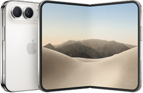 iPhone [V68], folded back exterior, [L8] colour, Dual Fusion camera system at top left, Apple logo in centre. Unfolded interior display, all-screen design, rounded corners