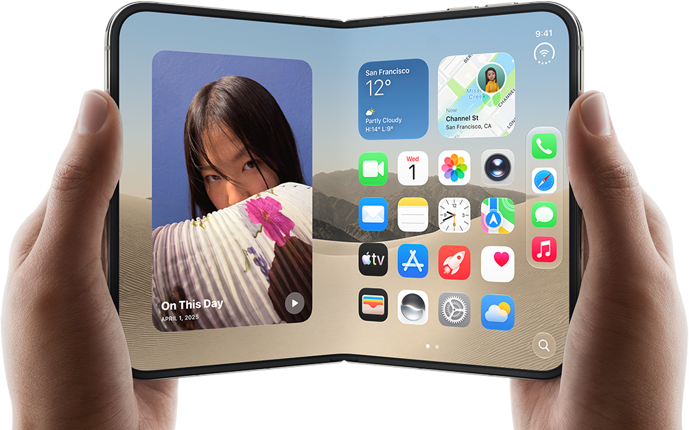iPhone [V68], [L8] colour, held by two hands in landscape orientation, unfolded, interior screen displays photos on the left, apps on the right