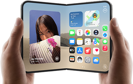 iPhone [V68], [L8] colour, held by two hands in landscape orientation, unfolded, interior screen displays photos on the left, apps on the right