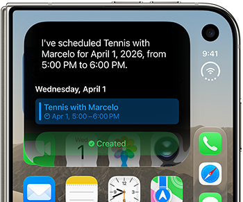 iPhone&nbsp;Duo, folded, outer display shows Siri&nbsp;AI notification indicating a calendar update