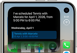iPhone&nbsp;Duo, folded, outer display shows Siri&nbsp;AI notification indicating a calendar update