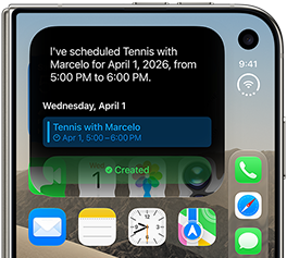 iPhone&nbsp;Duo, folded, outer display shows Siri&nbsp;AI notification indicating a calendar update