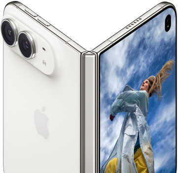 iPhone&nbsp;Duo, partially open like a book with hinge mechanism in the centre, exterior back panel on the left features an Apple logo and dual-camera, outer display on the right shows a portrait photo of a person with blonde hair