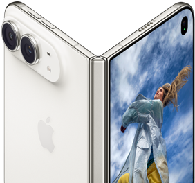 iPhone&nbsp;Duo, partially open like a book with hinge mechanism in the centre, exterior back panel on the left features an Apple logo and dual-camera, outer display on the right shows a portrait photo of a person with blonde hair