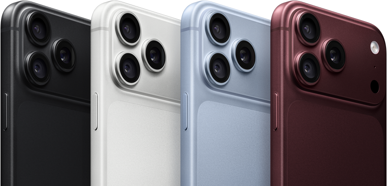 iPhone 18 Pro devices in a row, back exterior, all four colours: Black, Glacier, Silver, Burgundy, Pro Fusion camera system in top left corner, three lenses, microphone, flash