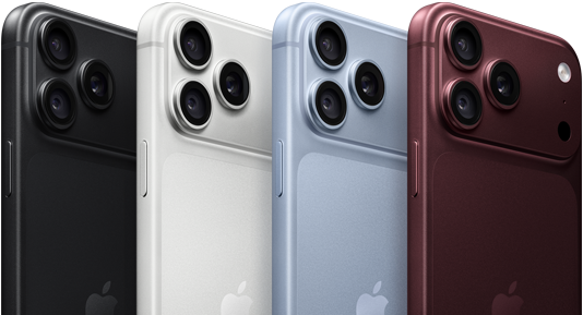 iPhone 18 Pro devices in a row, back exterior, all four colours: Black, Glacier, Silver, Burgundy, Pro Fusion camera system in top left corner, three lenses, microphone, flash