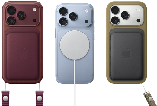 From left to right, iPhone 18 Pro in Burgundy leather case with Burgundy Crossbody strap, middle iPhone 18 Pro in Glacier with White MagSafe charger attached, right iPhone 18 Pro in Silver in green leather wallet case with wrist strap
