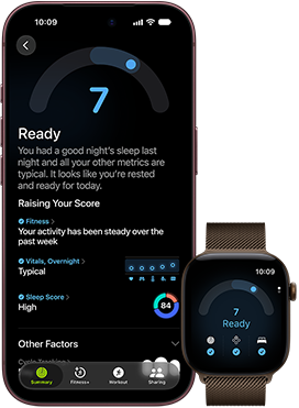 iPhone 18 Pro, black, front exterior, displaying the results of the Readiness status (score of 7), paired with Apple Watch, front facing, brown, displaying the same Readiness score of 7