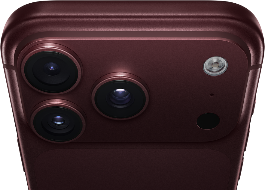 iPhone 18 Pro Max, burgundy colour (dark red), back exterior, Pro Fusion camera system at top, three lenses, variable aperture blades partially closed, flash, microphone and LiDAR Scanner, top exterior, mobile antenna, flat sides, rounded edges