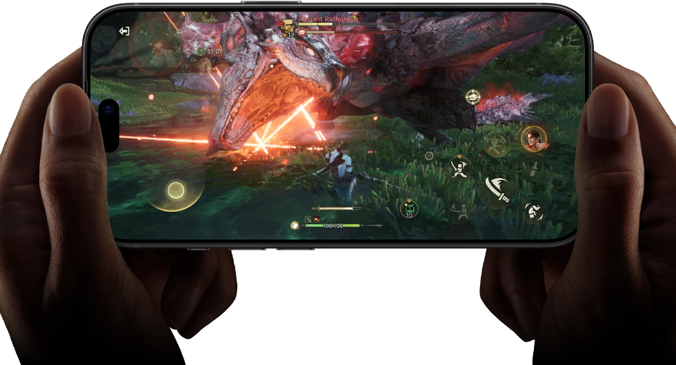 iPhone 18 Pro, front exterior, demonstrating the performance capabilities of the A20 Pro chip with a scene from the Monster Hunter Outlanders