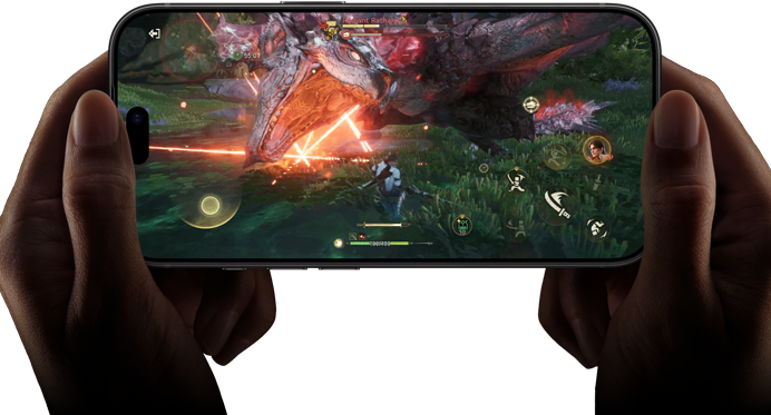 iPhone 18 Pro, front exterior, demonstrating the performance capabilities of the A20 Pro chip with a scene from the Monster Hunter Outlanders