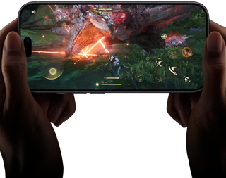 iPhone 18 Pro, front exterior, demonstrating the performance capabilities of the A20 Pro chip with a scene from the Monster Hunter Outlanders