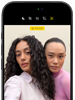 iPhone 18 Pro, black, front exterior, displaying two models posing for the camera, demonstrating the Center Stage front camera