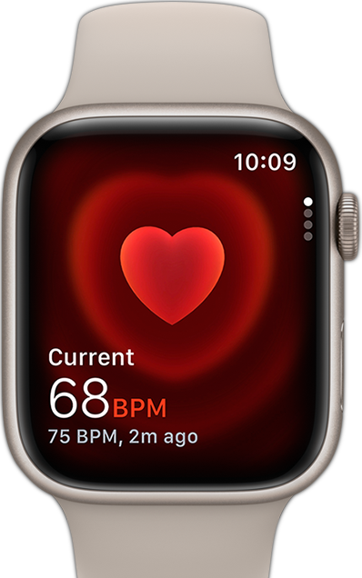 A front view of the Apple Watch showing someone’s heart rate.